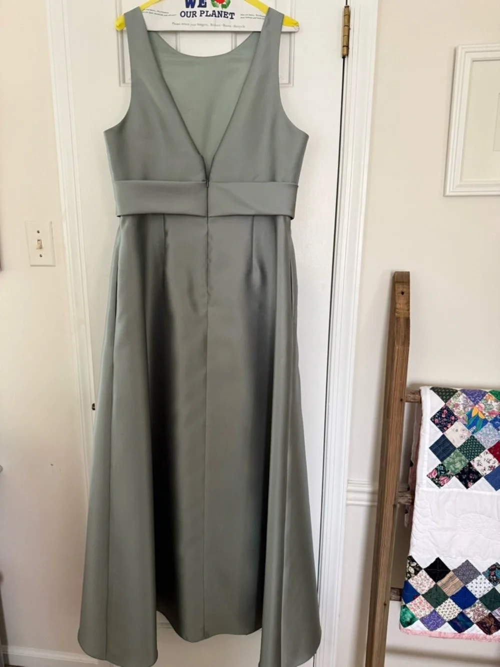 Alfred Sung Sleeveless Sage Green A-Line Dress with Waist Tie - Bridesmaid Dress - Picture 4 of 6